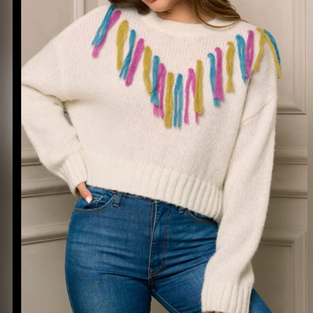 Buttermelon Colorful Fringe Women's Sweater - Picture 2 of 9
